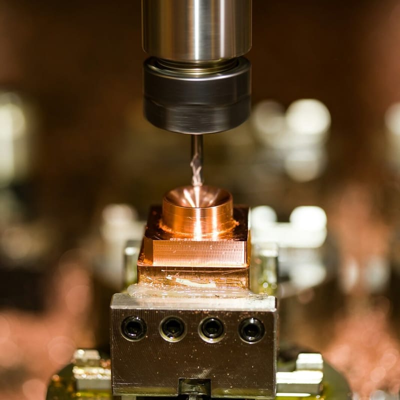 A milling spindle cutting a block of copper clamped in a steel vice, warm workshop lights blurred behind it.