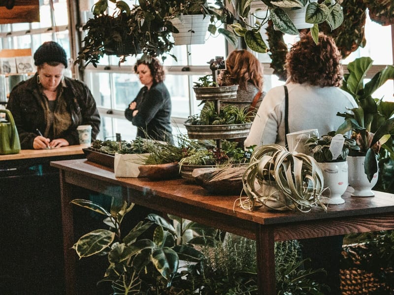 A shop assistant writes up an order at a wooden counter in a plant shop as customers browse tables of potted greenery.