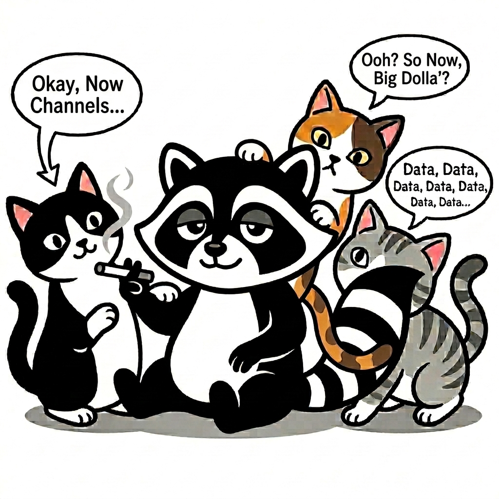 Carraway Raccoon lounges with a cigarette among three cats; one says “Okay, Now Channels…” and another chants “Data, Data…”