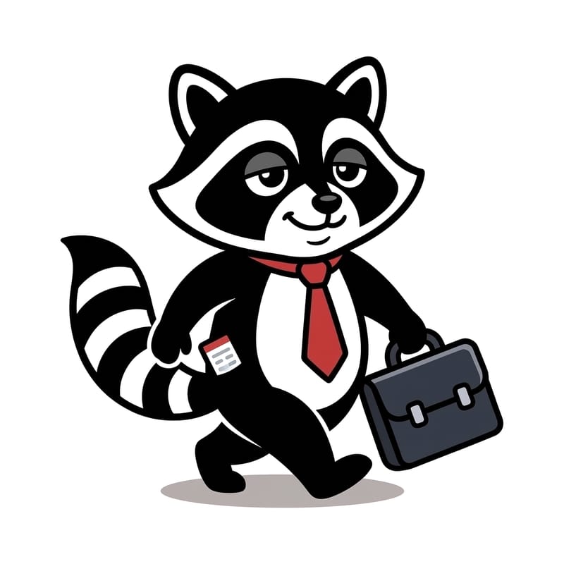 Carraway Raccoon, the Carraway & Willow mascot, heading to the office with a briefcase in hand and a red tie on.
