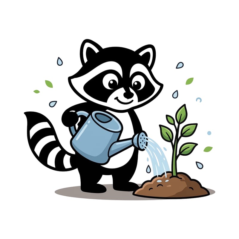 Carraway Raccoon, the Carraway & Willow mascot, watering a young seedling in a mound of soil with a blue watering can.
