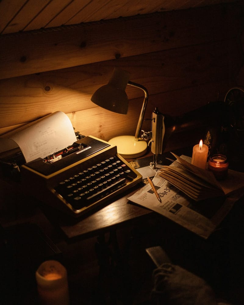A vintage typewriter with a sheet of paper loaded, lit at night by a desk lamp and candles beside an open newspaper.
